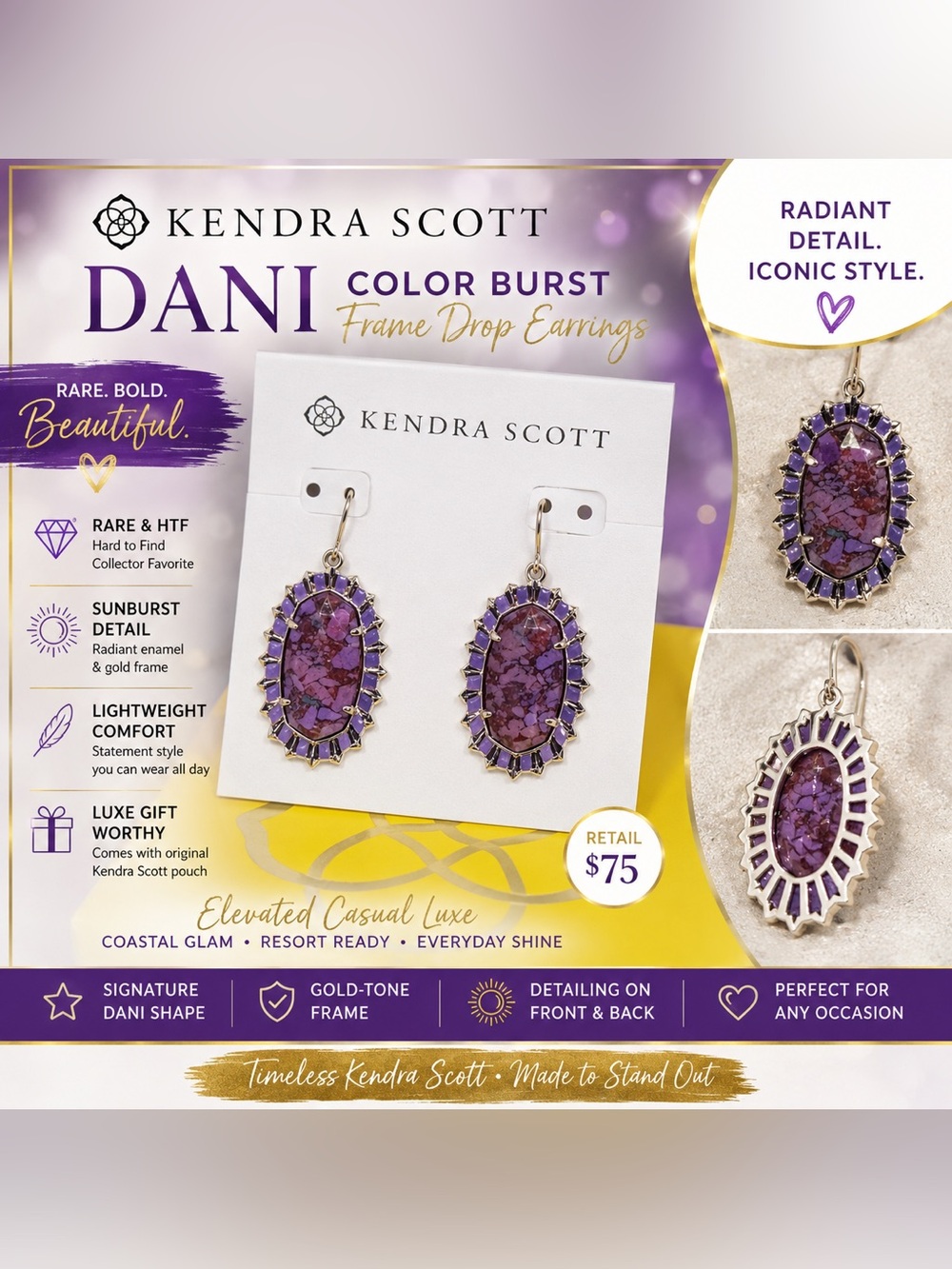 Kendra Scott Dani Color Burst Drop Purple Magnesite • Gold Tone • Luxe Earrings